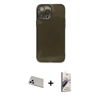 MARSİLYAN™- iPhone 13 Pro Max Kılıf Ahenk Doku - Siyah Bilvis 3D Mat Cam Ekran Koruyucu + Rainbow Kamera Lens Koruma Cam - BZ