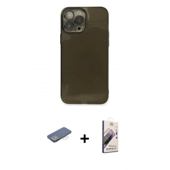 MARSİLYAN™- iPhone 13 Pro Max Kılıf Ahenk Doku - Siyah Bilvis 3D Mat Cam Ekran Koruyucu + Renkli Kamera Lens Koruma Cam - YL
