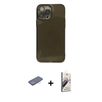 MARSİLYAN™- iPhone 13 Pro Max Kılıf Ahenk Doku - Siyah Bilvis 3D Mat Cam Ekran Koruyucu + Renkli Kamera Lens Koruma Cam - MI