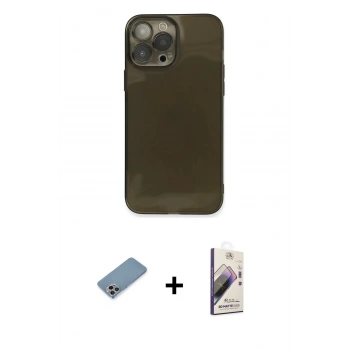 MARSİLYAN™- iPhone 13 Pro Max Kılıf Ahenk Doku - Siyah Bilvis 3D Mat Cam Ekran Koruyucu + Shine Kamera Lens Koruma Cam - GI