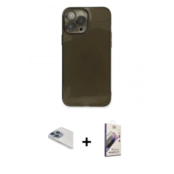 MARSİLYAN™- iPhone 13 Pro Max Kılıf Ahenk Doku - Siyah Bilvis 3D Mat Cam Ekran Koruyucu + Pers Alüminyum Kamera Lens - SABE