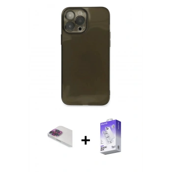 MARSİLYAN™- iPhone 13 Pro Max Kılıf Ahenk Doku - Siyah Bilvis 5in1 3D Magic Cam Ekran Koruyucu + Pers Alüminyum Kamera Lens - GI