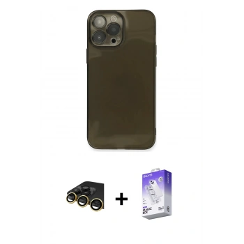 MARSİLYAN™- iPhone 13 Pro Max Kılıf Ahenk Doku - Siyah Bilvis 5in1 3D Magic Cam Ekran Koruyucu + Raze Metal Kamera Lens - GD