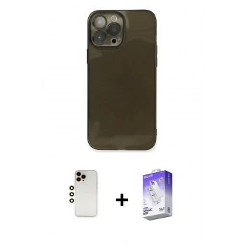 MARSİLYAN™- iPhone 13 Pro Max Kılıf Ahenk Doku - Siyah Bilvis 5in1 3D Magic Cam Ekran Koruyucu + Shine Kamera Lens - GD