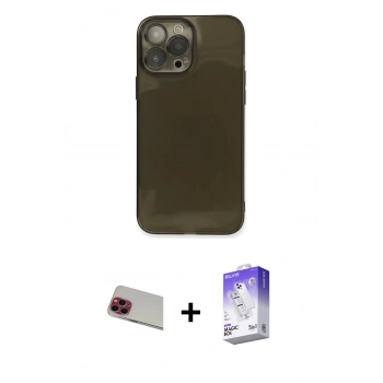 MARSİLYAN™- iPhone 13 Pro Max Kılıf Ahenk Doku - Siyah Bilvis 5in1 3D Magic Cam Ekran Koruyucu + Rainbow Kamera Lens Koruma Cam - KI