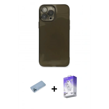 MARSİLYAN™- iPhone 13 Pro Max Kılıf Ahenk Doku - Siyah Bilvis 5in1 3D Magic Cam Ekran Koruyucu + Shine Kamera Lens Koruma Cam - MI