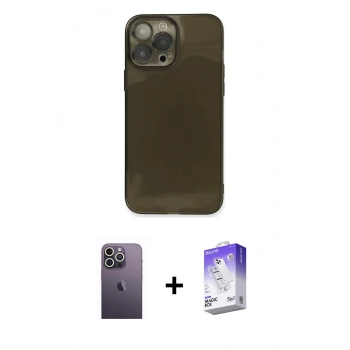 MARSİLYAN™- iPhone 13 Pro Max Kılıf Ahenk Doku - Siyah Bilvis 5in1 3D Magic Cam Ekran Koruyucu + Neon Fosforlu Kamera Lens - BZ