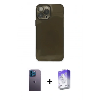 MARSİLYAN™- iPhone 13 Pro Max Kılıf Ahenk Doku - Siyah Bilvis 5in1 3D Magic Cam Ekran Koruyucu + Neon Fosforlu Kamera Lens - MI