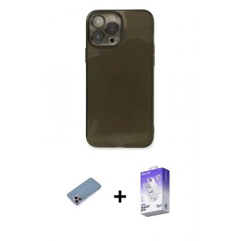 MARSİLYAN™- iPhone 13 Pro Max Kılıf Ahenk Doku - Siyah Bilvis 5in1 3D Magic Cam Ekran Koruyucu + Shine Kamera Lens Koruma Cam - PE