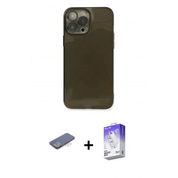 MARSİLYAN™- iPhone 13 Pro Max Kılıf Ahenk Doku - Siyah Bilvis 5in1 3D Magic Cam Ekran Koruyucu + Renkli Kamera Lens Koruma Cam - MI