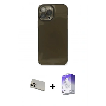 MARSİLYAN™- iPhone 13 Pro Max Kılıf Ahenk Doku - Siyah Bilvis 5in1 3D Magic Cam Ekran Koruyucu + Rainbow Kamera Lens Koruma Cam - REGD