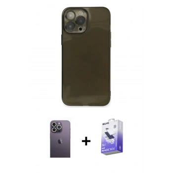 MARSİLYAN™- iPhone 13 Pro Max Kılıf Ahenk Doku - Siyah Bilvis 5in1 5D Magic Hayalet Cam Ekran Koruyucu + Neon Fosforlu Kamera Lens - BZ