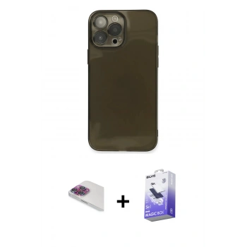 MARSİLYAN™- iPhone 13 Pro Max Kılıf Ahenk Doku - Siyah Bilvis 5in1 5D Magic Hayalet Cam Ekran Koruyucu + Pers Alüminyum Kamera Lens - GI