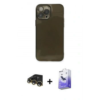 MARSİLYAN™- iPhone 13 Pro Max Kılıf Ahenk Doku - Siyah Bilvis 5in1 5D Magic Hayalet Cam Ekran Koruyucu + Raze Metal Kamera Lens - GD
