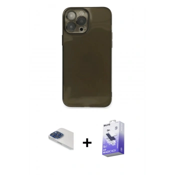 MARSİLYAN™- iPhone 13 Pro Max Kılıf Ahenk Doku - Siyah Bilvis 5in1 5D Magic Hayalet Cam Ekran Koruyucu + Pers Alüminyum Kamera Lens - LT