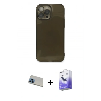 MARSİLYAN™- iPhone 13 Pro Max Kılıf Ahenk Doku - Siyah Bilvis 5in1 5D Magic Hayalet Cam Ekran Koruyucu + Rainbow Kamera Lens Koruma Cam - MI