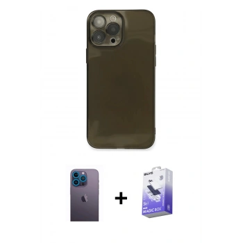 MARSİLYAN™- iPhone 13 Pro Max Kılıf Ahenk Doku - Siyah Bilvis 5in1 5D Magic Hayalet Cam Ekran Koruyucu + Neon Fosforlu Kamera Lens - MI