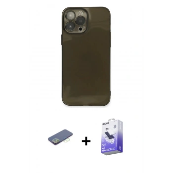 MARSİLYAN™- iPhone 13 Pro Max Kılıf Ahenk Doku - Siyah Bilvis 5in1 5D Magic Hayalet Cam Ekran Koruyucu + Renkli Kamera Lens Koruma Cam - YL