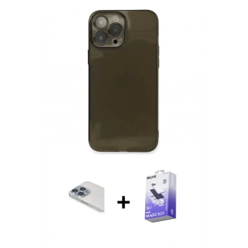 MARSİLYAN™- iPhone 13 Pro Max Kılıf Ahenk Doku - Siyah Bilvis 5in1 5D Magic Hayalet Cam Ekran Koruyucu + Pers Alüminyum Kamera Lens - SABE