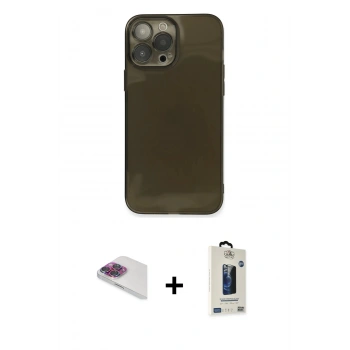 MARSİLYAN™- iPhone 13 Pro Max Kılıf Ahenk Doku - Siyah Bilvis Hayalet Cam Ekran Koruyucu + Pers Alüminyum Kamera Lens - GI