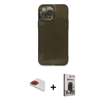 MARSİLYAN™- iPhone 13 Pro Max Kılıf Ahenk Doku - Siyah Bilvis Hayalet Cam Ekran Koruyucu + Pers Alüminyum Kamera Lens - KI
