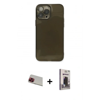 MARSİLYAN™- iPhone 13 Pro Max Kılıf Ahenk Doku - Siyah Bilvis Hayalet Cam Ekran Koruyucu + Rainbow Kamera Lens Koruma Cam - KI