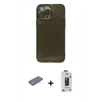 MARSİLYAN™- iPhone 13 Pro Max Kılıf Ahenk Doku - Siyah Bilvis Hayalet Cam Ekran Koruyucu + Renkli Kamera Lens Koruma Cam - MI