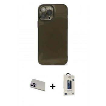 MARSİLYAN™- iPhone 13 Pro Max Kılıf Ahenk Doku - Siyah Bilvis Hayalet Cam Ekran Koruyucu + Rainbow Kamera Lens Koruma Cam - MR