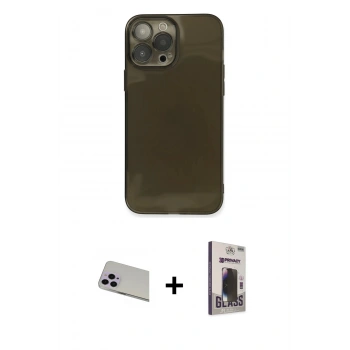 MARSİLYAN™- iPhone 13 Pro Max Kılıf Ahenk Doku - Siyah Bilvis Hayalet Cam Ekran Koruyucu + Rainbow Kamera Lens Koruma Cam - MR