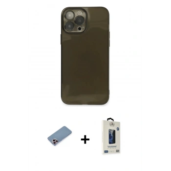 MARSİLYAN™- iPhone 13 Pro Max Kılıf Ahenk Doku - Siyah Bilvis Hayalet Cam Ekran Koruyucu + Shine Kamera Lens Koruma Cam - PE