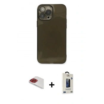 MARSİLYAN™- iPhone 13 Pro Max Kılıf Ahenk Doku - Siyah Bilvis Hayalet Cam Ekran Koruyucu + Pers Alüminyum Kamera Lens - KI