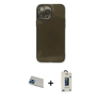 MARSİLYAN™- iPhone 13 Pro Max Kılıf Ahenk Doku - Siyah Bilvis Hayalet Cam Ekran Koruyucu + Rainbow Kamera Lens Koruma Cam - MI