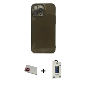 MARSİLYAN™- iPhone 13 Pro Max Kılıf Ahenk Doku - Siyah Bilvis Hayalet Cam Ekran Koruyucu + Rainbow Kamera Lens Koruma Cam - KI