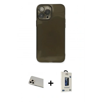 MARSİLYAN™- iPhone 13 Pro Max Kılıf Ahenk Doku - Siyah Bilvis Hayalet Cam Ekran Koruyucu + Rainbow Kamera Lens Koruma Cam - REGD