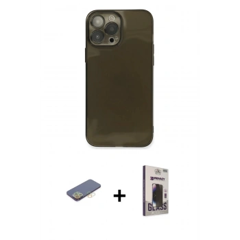 MARSİLYAN™- iPhone 13 Pro Max Kılıf Ahenk Doku - Siyah Bilvis Hayalet Cam Ekran Koruyucu + Renkli Kamera Lens Koruma Cam - SI