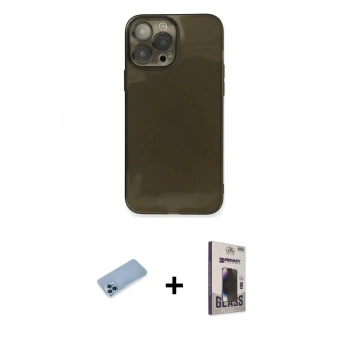 MARSİLYAN™- iPhone 13 Pro Max Kılıf Ahenk Doku - Siyah Bilvis Hayalet Cam Ekran Koruyucu + Shine Kamera Lens Koruma Cam - MI