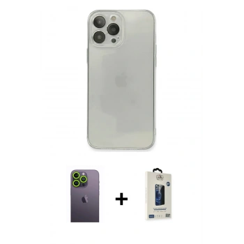 MARSİLYAN™- iPhone 13 Pro Max Kılıf Ahenk Doku - Siyah Bilvis Hayalet Cam Ekran Koruyucu + Neon Fosforlu Kamera Lens - YL