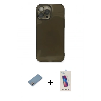 MARSİLYAN™- iPhone 13 Pro Max Kılıf Ahenk Doku - Siyah Joko 5D Cam + Shine Kamera Lens Koruma Cam - GI
