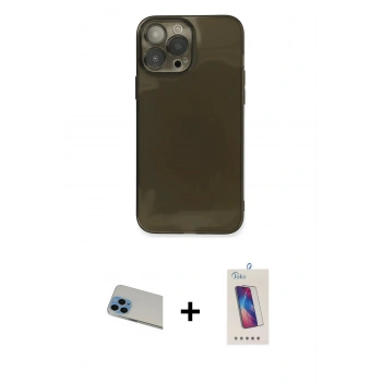 MARSİLYAN™- iPhone 13 Pro Max Kılıf Ahenk Doku - Siyah Joko 5D Cam + Rainbow Kamera Lens Koruma Cam - MI