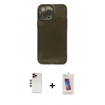 MARSİLYAN™- iPhone 13 Pro Max Kılıf Ahenk Doku - Siyah Joko 5D Cam + Shine Kamera Lens - GD