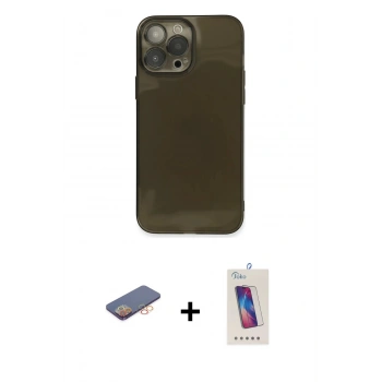 MARSİLYAN™- iPhone 13 Pro Max Kılıf Ahenk Doku - Siyah Joko 5D Cam + Renkli Kamera Lens Koruma Cam - TU