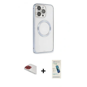 MARSİLYAN™- iPhone 13 Pro Max Kılıf Ahenk Işık Serisi - Şeffaf Pasifik Cam Ekran Koruyucu + Pers Alüminyum Kamera Lens - KI