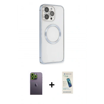 MARSİLYAN™- iPhone 13 Pro Max Kılıf Ahenk Işık Serisi - Şeffaf Pasifik Cam Ekran Koruyucu + Neon Fosforlu Kamera Lens - YL
