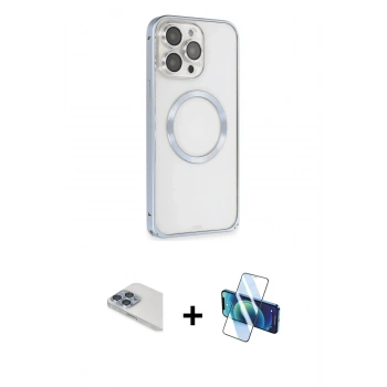 MARSİLYAN™- iPhone 13 Pro Max Kılıf Ahenk Işık Serisi - Siyah 3D Antistatik Cam Ekran Koruyucu + Pers Alüminyum Kamera Lens - SABE