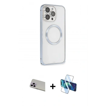 MARSİLYAN™- iPhone 13 Pro Max Kılıf Ahenk Işık Serisi - Siyah 3D Antistatik Cam Ekran Koruyucu + Rainbow Kamera Lens Koruma Cam - MR