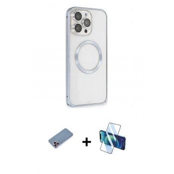 MARSİLYAN™- iPhone 13 Pro Max Kılıf Ahenk Işık Serisi - Siyah 3D Antistatik Cam Ekran Koruyucu + Shine Kamera Lens Koruma Cam - PE