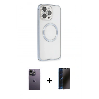 MARSİLYAN™- iPhone 13 Pro Max Kılıf Ahenk Işık Serisi - Siyah 3D Antistatik Hayalet Cam Ekran Koruyucu + Neon Fosforlu Kamera Lens - BZ