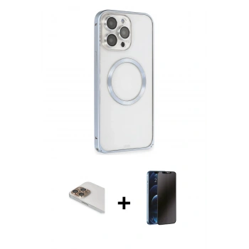 MARSİLYAN™- iPhone 13 Pro Max Kılıf Ahenk Işık Serisi - Siyah 3D Antistatik Hayalet Cam Ekran Koruyucu + Pers Alüminyum Kamera Lens - GD
