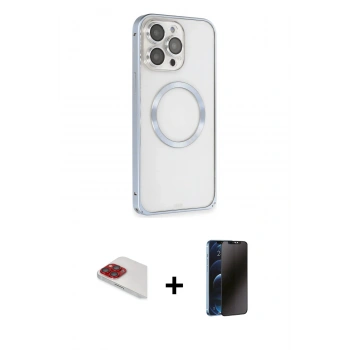 MARSİLYAN™- iPhone 13 Pro Max Kılıf Ahenk Işık Serisi - Siyah 3D Antistatik Hayalet Cam Ekran Koruyucu + Pers Alüminyum Kamera Lens - KI