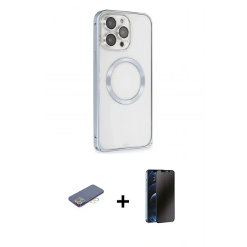 MARSİLYAN™- iPhone 13 Pro Max Kılıf Ahenk Işık Serisi - Siyah 3D Antistatik Hayalet Cam Ekran Koruyucu + Renkli Kamera Lens Koruma Cam - MI